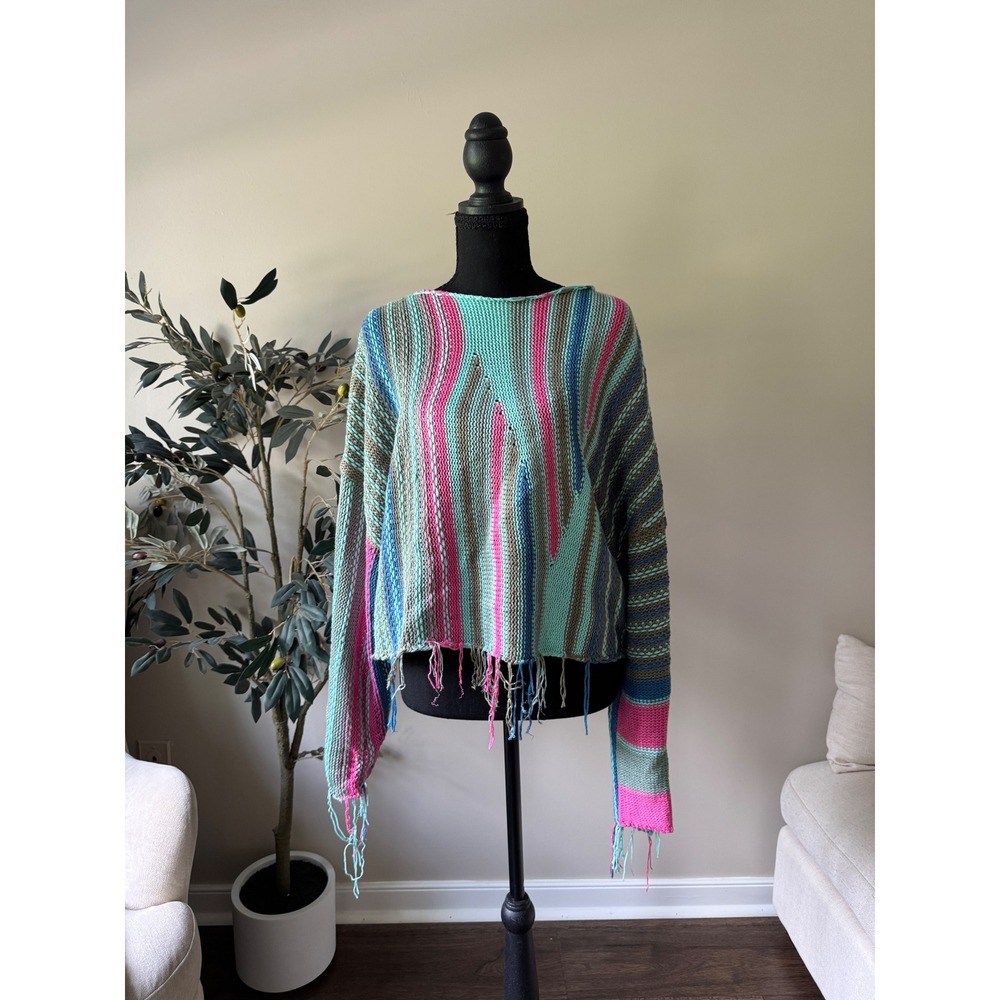 Elan Striped Knit Sweater Multi Color Distressed Fringed Hem Boat Neck Medium